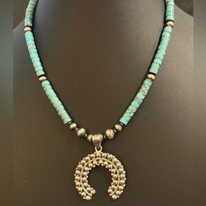 Turquoise Sterling Silver Navajo Pearls Authentic Naja Squash Blossom Necklace